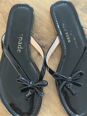 kate spade Black Patent Bow Thong Sandals
